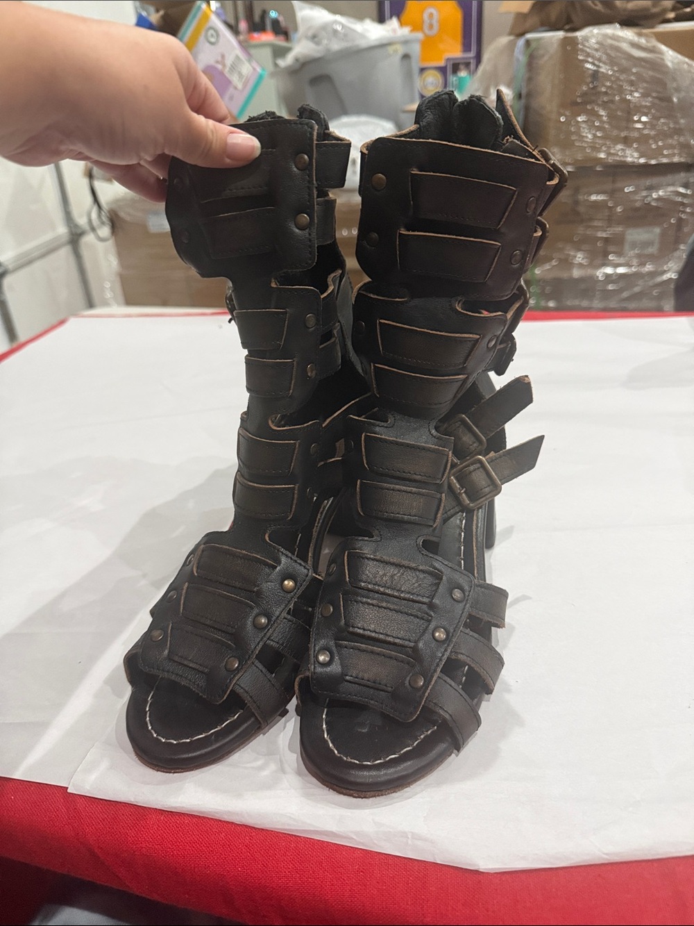 freebird Black Strappy Buckled Heeled Gladiator Boots with open toe - Picture 2 of 5